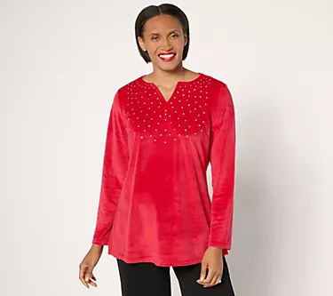 Quacker Factory Sparkle & Shine Split Neck Long sleeve Velour Tunic