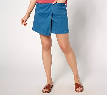 AnyBody Petite Faux Wrap Pull-On Denim Skort- Medium Wash