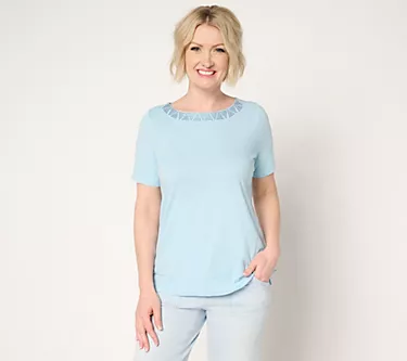 Denim & Co. Linen Blend Knit Top with Neck Embellishment