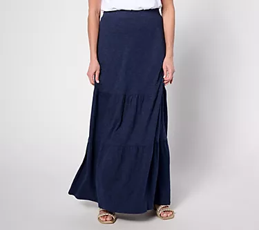 Denim & Co. Petite Linen Blend Tiered Knit Maxi Skirt