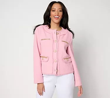 Dennis Basso Textured Jacket with Goldtone Chain Detail
