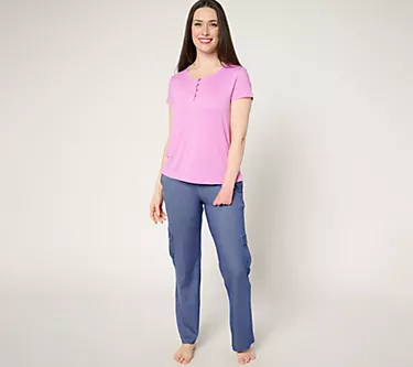 MUK LUKS Faux Denim Cargo Pant & Cloud Knit Tee Lounge Set