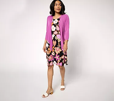 Susan Graver Passport Petite Liquid Knit Dress & Cardigan Set
