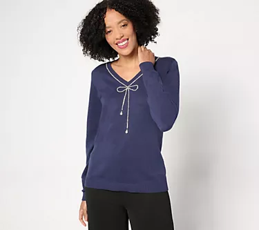 Joan Rivers Red Carpet Soft Chic Sweater with Rhinestone Bow
