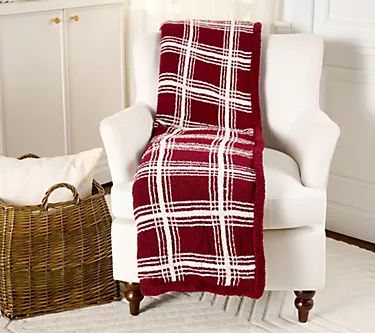 60" x 70" Feather Knit w/ Sherpa Plaid Throw with Bag by Kim Gravel