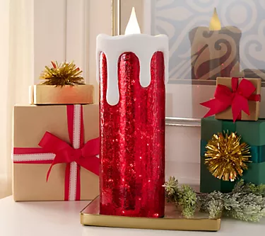 18" Oversized Mercury Glass Candle w/ Snow Accent & Remote by Valerie