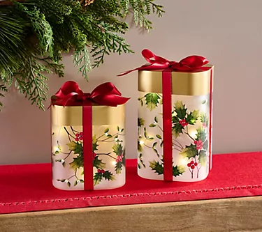 Set of 2 Illuminated Glass Gifts with Bow by Valerie