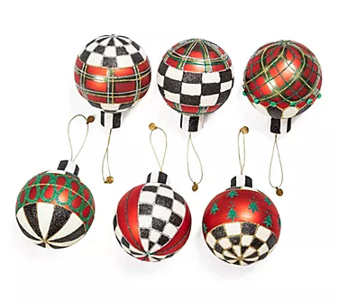 MacKenzie-Childs Tartan Glass Large Ball Ornaments, Set of 6