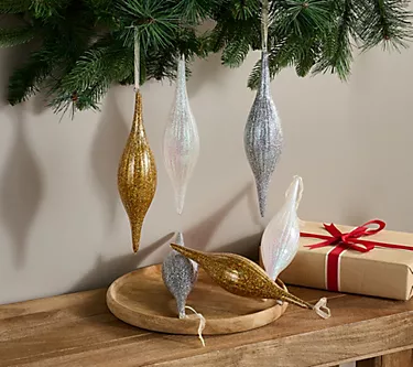 Fierce Home Set of 6 Glitter Finial Ornaments with Giftbox