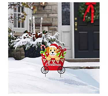 Glitzhome 24"H Metal Christmas Dog and Gift Cart Garden Stake
