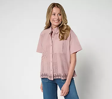 LOGO Lavish by Lori Goldstein 100% Cotton Mixed Media Lace Shirt