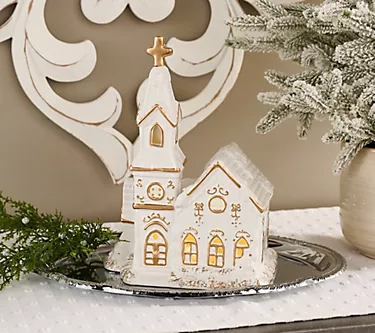 Illuminated Ceramic Church with Metallic Detail by Valerie