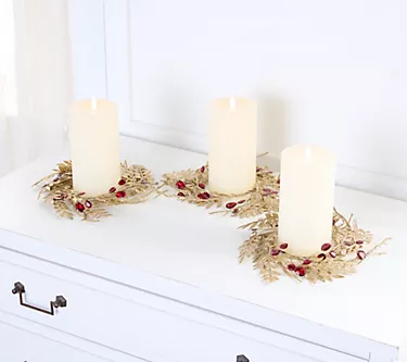 Set of 3 Glittered Leaf & Faceted Gem Candle Rings by Valerie