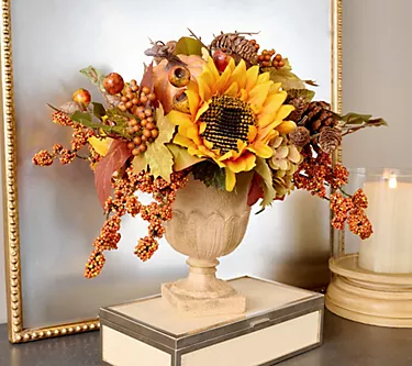 Sunflower, Berry and Pinecone Centerpiece in Urn by Valerie