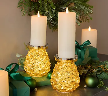 "As Is" Set of 2 Lit Mercury Glass Pinecone Pedestals by Valerie