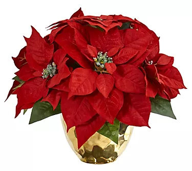Nearly Natural Poinsettia Arrangement in GoldenVase