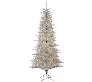 7.5' Silver Tuscany Tinsel Tree with Clear Lights