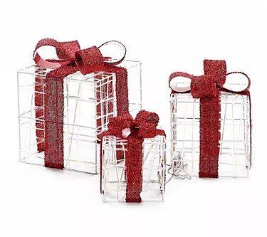LuxenHome Set of 3 Presents with Red Ribbon Lig hted Decoratio