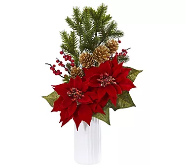 Poinsettia Arrangement in White Vase by NearlyNatural