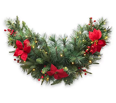 Glitzhome 3ft Pre-Lit Poinsettia Christmas Swag, with Timer