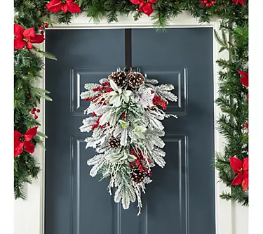 Glitzhome 22" Christmas Flocked Pinecone & Berry Teardrop Swag