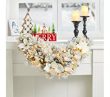 Glitzhome 3' Pr e-Lit Snow Floc ked Pine & Berr y Christmas Swa