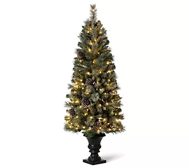 Glitzhome 5ft Flocked Pine Lighted Faux Christmas Porch Tree