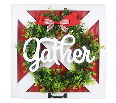 Young's wood barn door w/"Gather" wreath 1 368810-young-s-wood-barn-door-w-gather-wreath-1.webp