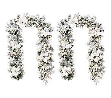 Glitzhome 6' Pre-Lit Snowy Poinsettia ChristmasGarlands S/2