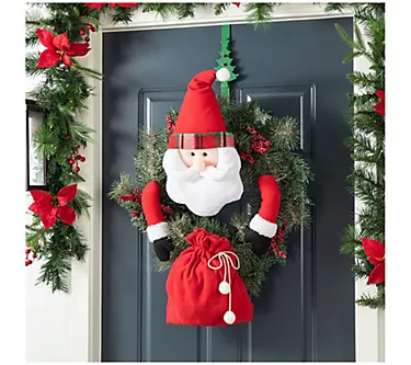 Glitzhome 20"H Fabric Christmas Santa Wreath Ornament