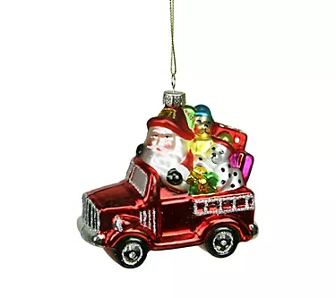 Northlight 4" Red Fire Truck w/Santa & Presents Glass Ornament