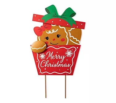 Glitzhome 24" Christmas Gingerbread Giftbox Garden Stake