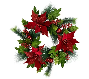 Northlight 24" Red Poinsettia and Long Pine Christmas Wreath