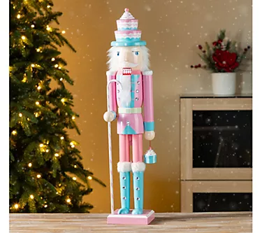 Glitzhome 24"H Wooden Christmas Pink Cake Nutcracker
