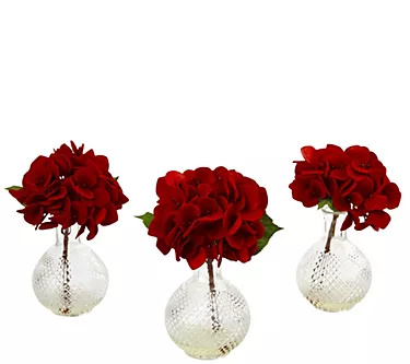 Set of 3 Red Hydrangeas in Glass Vases by Nearly Natural