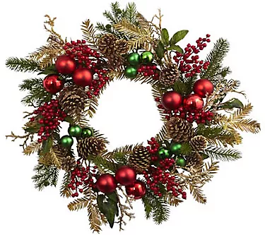 24" Ornament, Pine, & Pinecone Wreath by NearlyNatural