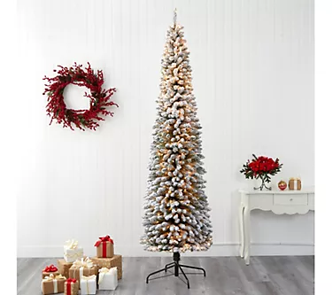 Nearly Natural 9" Flocked Pencil Faux ChristmasTree w/ Lights