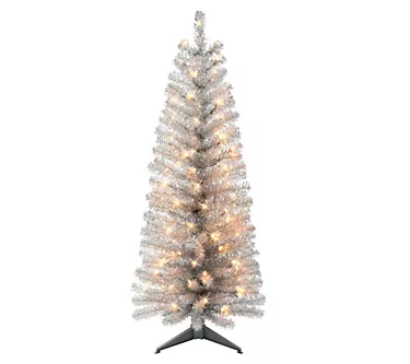 Puleo 4.5' Pre-Lit Silver Tinsel Tree