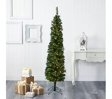 Nearly Natural 6ft Green Pencil Faux Christmasree w/ Lights