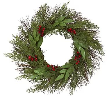 20" Cedar & Ruscus w/Berries Wreath by Nearly Natural