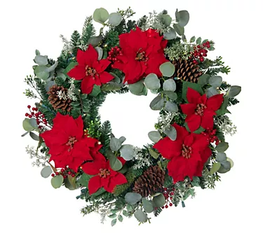 Village Lighting 30" Pre-Lit LED Wreath-Christmas Poinsettia