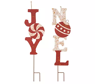 Glitzhome Weathered Metal Christmas JOY & NOEL Yard Stakes S/2