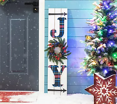 Glitzhome 36" Wood Plaid Joy Porch Sign withWreath