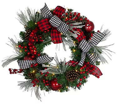 Northlight Plaid and Houndstooth 24" Wreath Warm White Lights