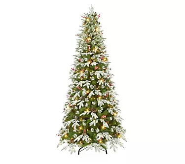 Puleo 7.5' Pre-Lit Slim Glittery PE/PVC Tree, Pine Cone