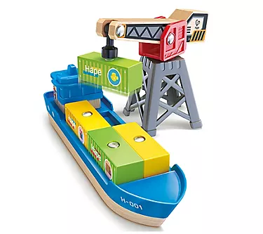 Hape: Cargo Ship & Crane - 6 pc Train Playset