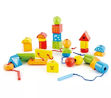 Hape String Along Shapes - 32 Piece Wooden Block Stacking Game