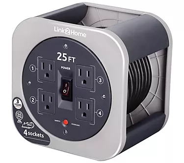 Link2Home 25' Ext Cord Reel with 4 Grounded Outlets - Gray