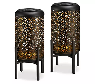 Glitzhome 14" Cutout Floral Solar Powered Outdor Lanterns S/2