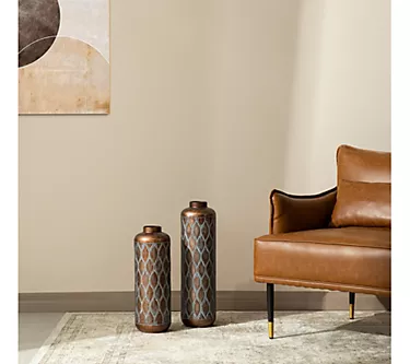 Glitzhome Metal Antiqued Verdigris Cylinder Floor Vases S/2